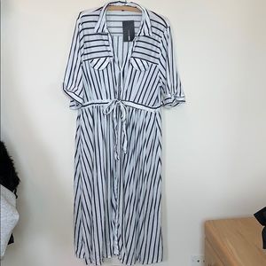 Blue and White Striped Midi Shirt Dress